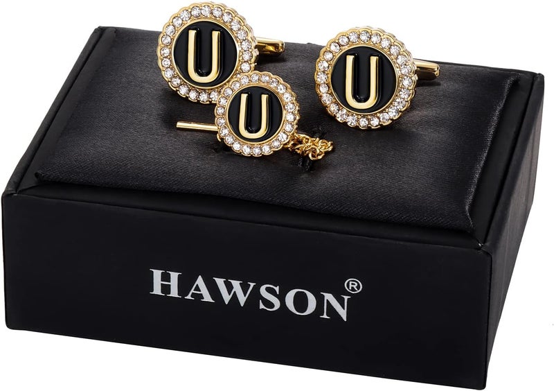 HAWSON أزرار أكمام ذهبية ودبوس ربطة عنق للرجال، أزرار أكمام ذهبية كريستالية مع دبابيس طية صدر للرجال والنساء، دبوس ربطة عنق مع سلسلة على ربطة عنق لملحقات الزفاف والأعمال - Image 2